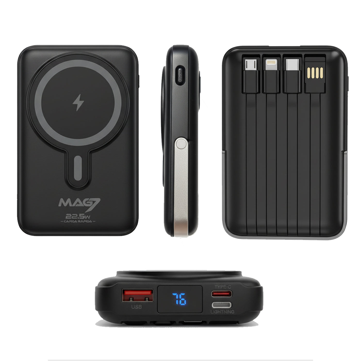 A MAG7 reuniu bateria, cabos, carregamento sem fios e suporte numa única peça compacta.